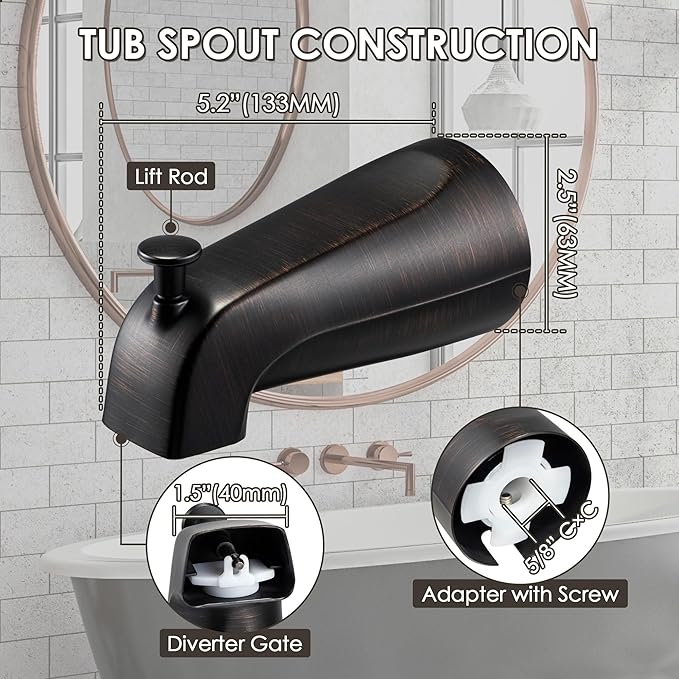 Enhon Slip on Tub Spout with Diverter, Compatible with American Standard 8888026.002 Tub Spout, Bathroom Bathtub Faucet, Fits 1/2 Copper Water Tube(5/8 Dia), 5/32 Hex Wrench(Oil Rubbed Bronze,1)
