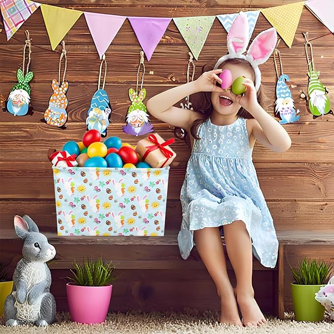 ASKETAM Easter Basket for Kid Large Empty Rectangular Cute Easter Gift Storage Basket Bunny Eggs Décor (Rabbit Butterfly Sun)