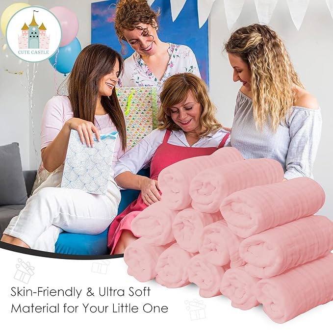 Cute Castle 12 Pack Muslin Baby Washcloths - Large 12'' by 12'' - Ultra Soft 100% Cotton - Super Absorbent Burp Cloths for Unisex, Boy, Girl -Pink