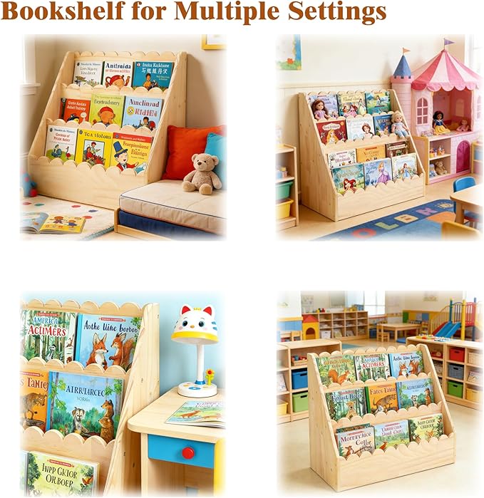 OCMML Kids Bookshelf-3-Tier Wooden Book Shelf for Kids Rooms,Nursery&Toddlers Montessori Bookcase with Deep Storage Pockets, Baby Book Storage,Children's Bookshelf for Nursery&Bedroom (Small)