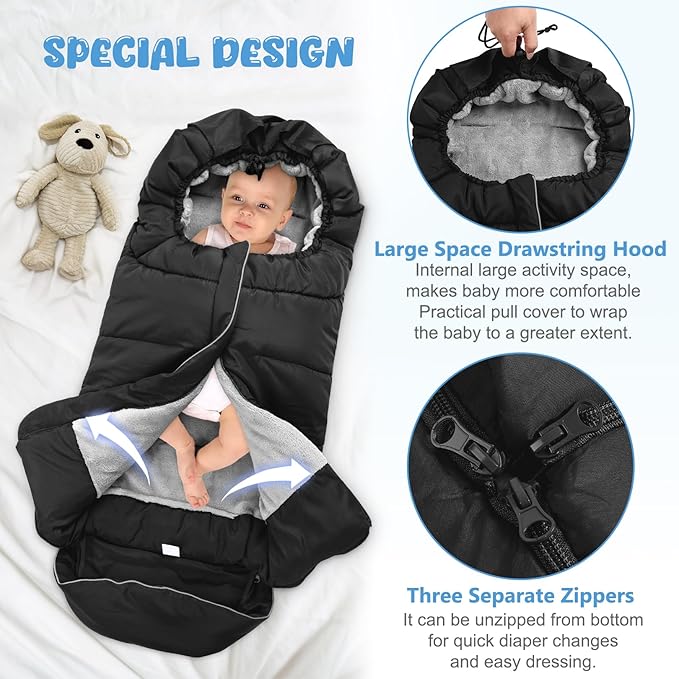 Universal Baby Footmuff for Strollers,Stroller Cover for Winter with Hooded Design,Waterproof and Windproof Winter Sleeping Bag with Coral Fleece Lining, Baby Bunting Bags for Most Strollers (BLACK)