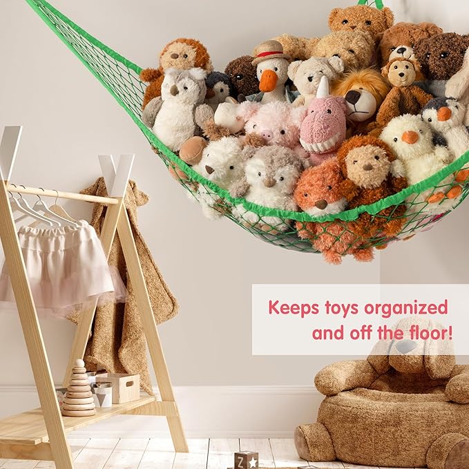 Stuffed Animal Storage Hammock Net Corner - Large Toy Hammock Net for Stuffed Animals Room Decor - Cute Stuff Animal Organizer Holder for Plush Plushie - Kids Baby Nursery Wall Bedroom Home Decor