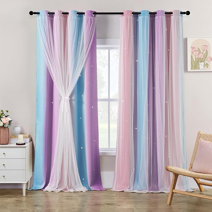 XiDi Girls Blackout Curtains 120 Inches Long for Bedroom, Room Darkening Grommet Window Ombre Curtains 2 Panel Sets, Kids Unicorn Princess Theme Decor Colorful Rainbow Design Pink Purple 42Wx120L