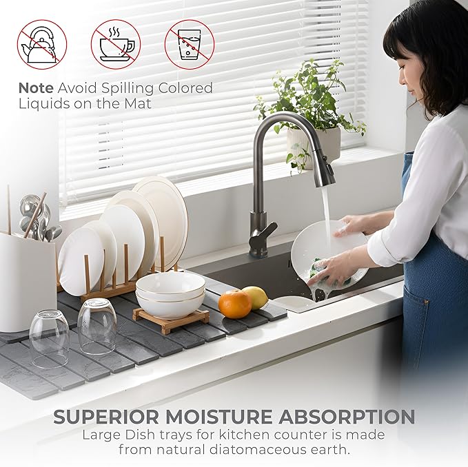 Large Stone Dish Drying Mat for Kitchen Counter, 2PCS Stone Drying Mat for Kitchen Counter, Foldable Water Absorbing Diatomaceous Earth Drying Pad for Bottles Dish Cups(Dark Gray 24"×16" & 8"x5")