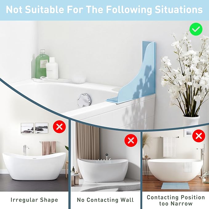 No-Adhesive 2-Pack All-Silicone Shower Splash Guard with Strong Suction Cups, Reusable One-Piece Bath Tub Corner Water Blocker for Secure Seal&Easy Removal，Keep Water in Shower or Bath, Baby Blue