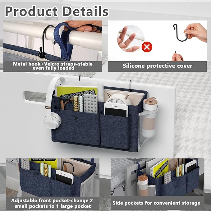 Edudif Bedside Caddy Bedside Organizer with Fixed Straps & Water Bottle Holder, Bunk Bed Caddy ideal for Home, Dorm, Hospital, Crib, Versatile Bedside Storage Solution (Navy)