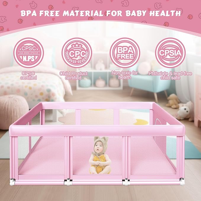 Fshibila 74" ×50" Large Baby Playpen, Baby Playard for Babies and Toddlers, Play Pens for Indoor & Outdoor, Sturdy Safety Play Yard with Soft Breathable Mesh, Anti-Fall, Pink