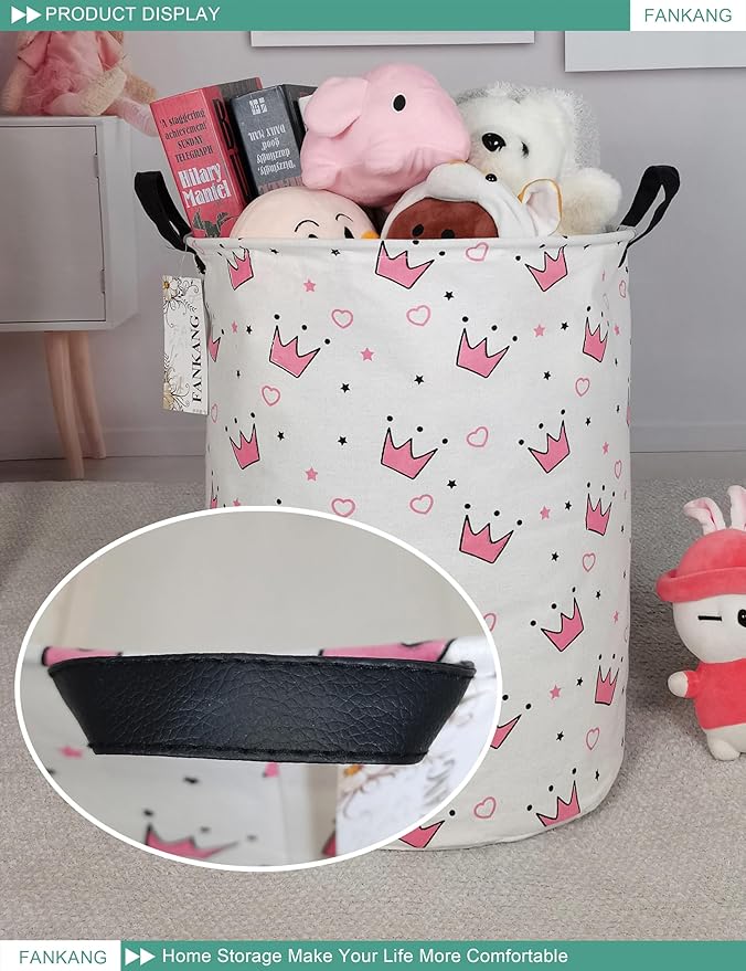 FANKANG Storage Basket, Nursery Hamper Canvas Laundry Basket Foldable with Waterproof PE Coating Large Storage Baskets for Kids Boys and Girls, Office, Bedroom, Clothes,Toys（pink crowns）