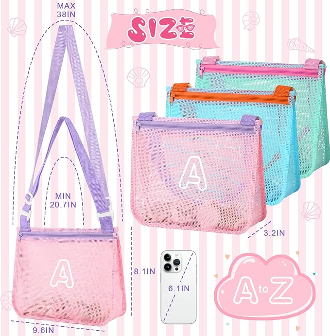 3Pcs Personalized Kids Beach Shell Bag, Initial Seashell Mesh Zipper Beach Pouch, Shell Collecting Bag for Holding Shells with Adjustable Straps, Sand Toys Swim Pouch Gift for Girl Boy Teens(Letter A)