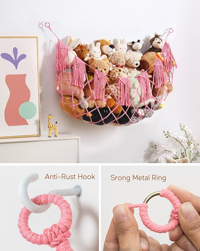Boho Macrame Stuffed Animal Hammock with LED Lights, Wall Corner Hanging Plushie Net, Large Toy Organizer for Kids Bedroom Nursery Playroom & Dorm (Pink XL)