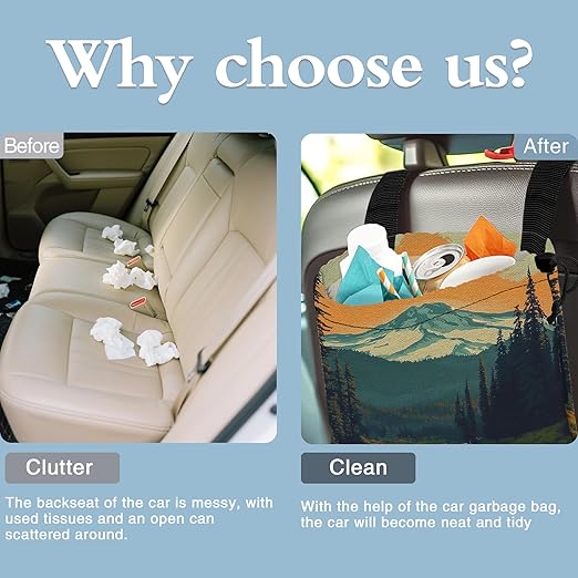 Forest Mountains Car Garbage Bag,Sunset in River Small Car Trash Bag Hanging,Drawstring Car Garbage Bag with Adjustable Buckle for Car Back Seat,SUVs,Camping,Road Trips