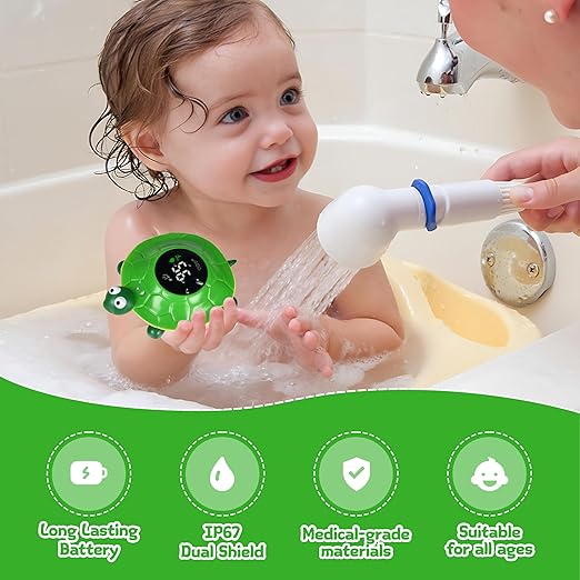 Baby Bath Thermometer with LED Display-Rechargeable Water&Room Temperature Monitor, Floating Toy with Temp Alert, Waterproof for Newborns, Nurseries - Must Have Bath Essentials (Green Tortoise)