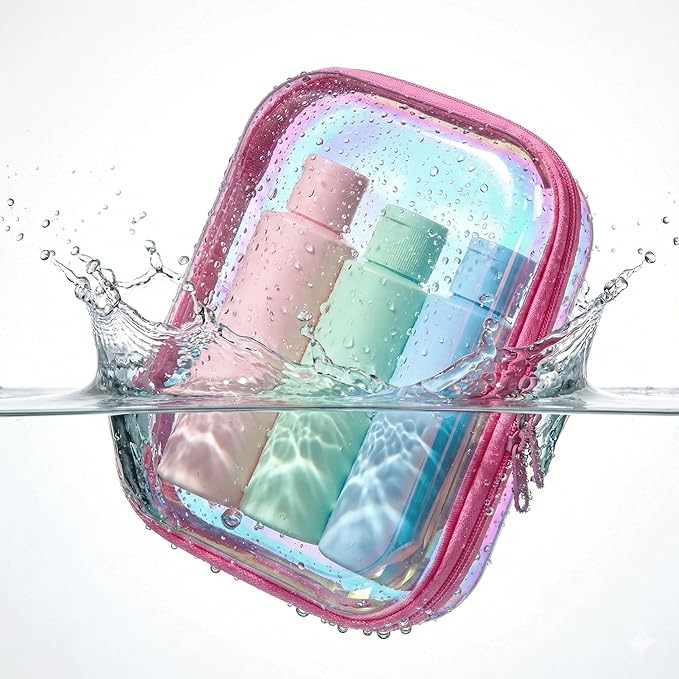 Clear Hard Shell Zipper Case,Makeup Bag,Iridescent Toiletry Bag,2pcs Large Capacity Water-resistant Toiletries Bag,Portable Travel Organizer and Storage,Bathroom Clear Cosmetic Case for Women