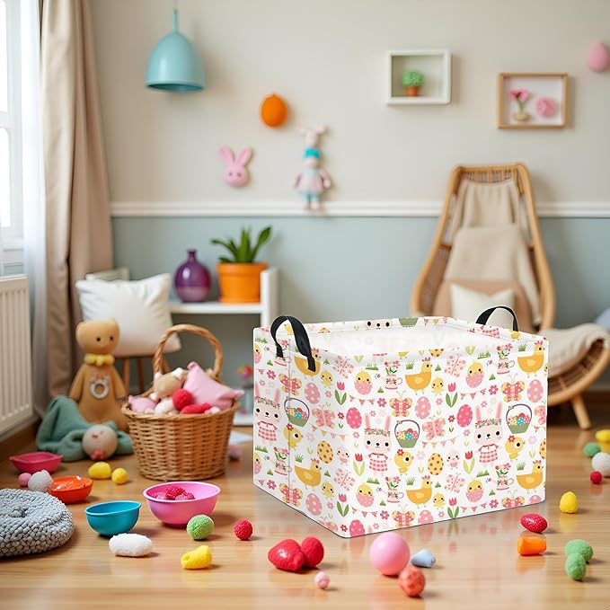 TIBAOLOVER Rectangular Easter Basket Easter Basket for Kids Baby Storage Basket Cute Toy Storage Bin Organizer Shelf Book Basket Easter Room Decor(Pink Easter Egg)
