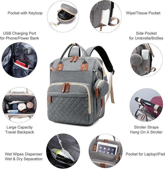 Lamroro Diaper Bag with Changing Station, Waterproof 3 in 1 Baby Diaper Backpack with Foldable Changing Pad, Large Travel Back Pack for Baby Girl Boy, Grey