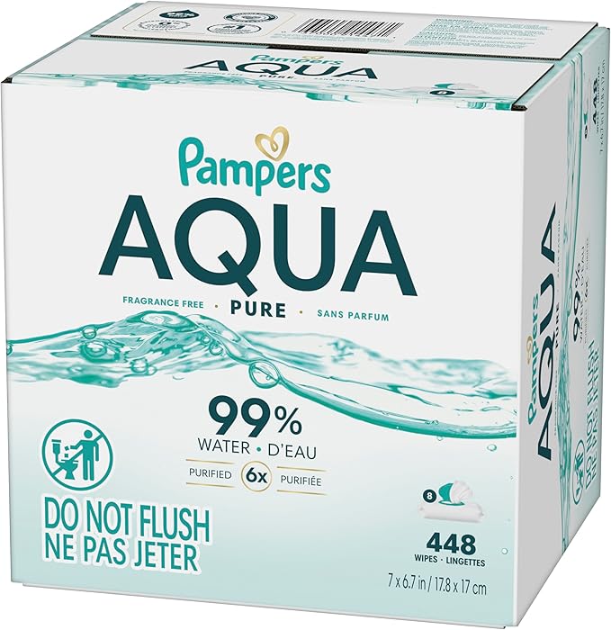 Pampers Aqua Pure Baby Wipes, 99% Water, Fragrance Free, Unscented, Water Based, Multi-Use, 448 Wipes Total (8X Flip-Top Packs) [Packaging May Vary]