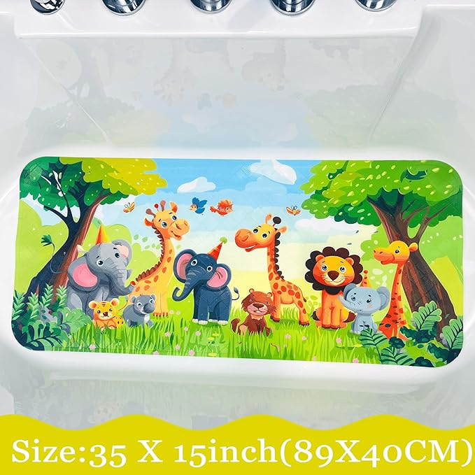 BEEHOMEE Bath Mats for Tub Kids,Baby Toddler - Large Cartoon Non-Slip Bathroom Bathtub Anti-Slip Shower Mats for Floor 35x15,Machine Washable XL Size Bathroom Mats (Jungle Friends)