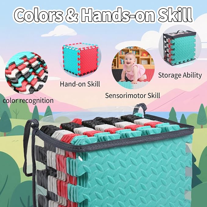 Coolcandy Baby Foam Play Mat 16Pcs with Edge Strips, 4 Colors Interlocking Floor Tiles, 0.4″ Thickened Non-Slip Puzzle Floor Mat for Infants Toddlers Playroom & Daycare