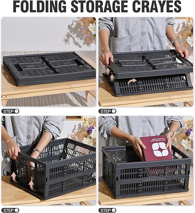 HUUSMOT 2-Pack Pastel Plastic Storage Baskets, Collapsible Crates for Organizing, Space-Saving Bins for Classroom, Kitchen, Office, Bedroom (Dark Grey, 19" x 13" x 9")