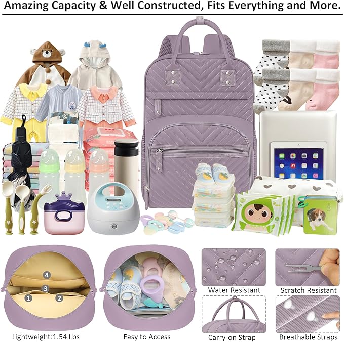 Diaper Bag Backpack for Women Large Capacity with Insulated Pockets Multifunctional Diaper Bags For Baby Girl Boy Waterproof Baby Bags For Mama Maternity Travel Bag Purple