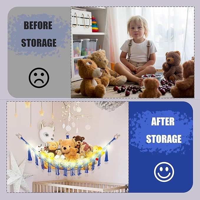 CERETIA Stuffed Animal Hammock with LED Light, Toy Hammock for Stuffed Animals Storage for Kids Room Decor, Stuffed Animal Hammock Corner, Royal Blue