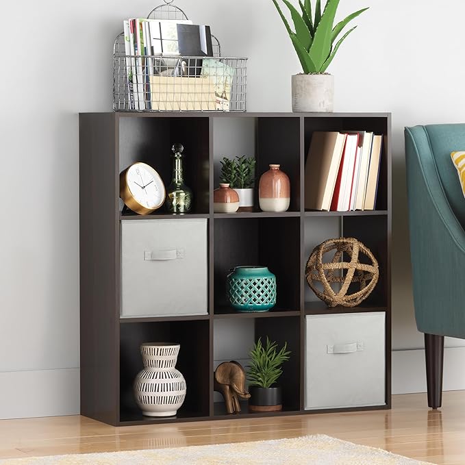 Whitmor 9 Cube Storage Organizer, 3 Tier Stackable MDF Wood Bookcase, Open Storage Display Bookshelf, Storage Cabinet for Living Room, Bedroom, Home, Office, 35.5" L x 11.7" W x 35.5" H, Espresso