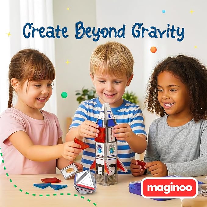 Maginoo 42PCS Mini Magnetic Tiles Space Rocket Travel Set with Iron Box STEM Educational Building Blocks Magnetic Construction Toy for Kids Ages 3 to 8 Creative Gift for Boys and Girls