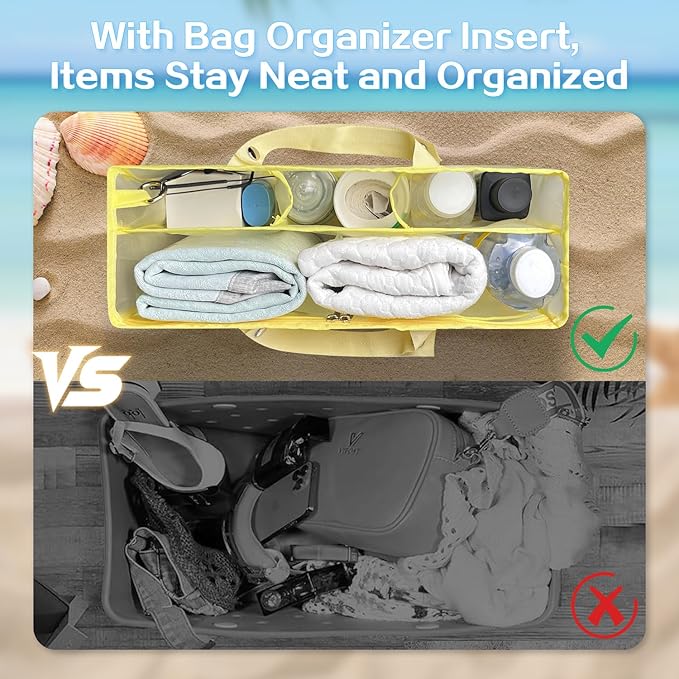 XYFuuee Beach Bag Organizer Inserts for Baby Medium Bogg Bag Accessories with 8 Removable Metal Fasteners, Lightweight Mesh Insert Divider Pouch, Organizing Rubber Tote, Save Storage Space, yellow M