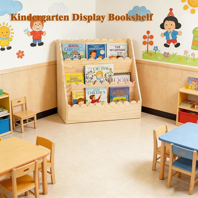 OCMML Kids Bookshelf-3-Tier Wooden Book Shelf for Kids Rooms,Nursery&Toddlers Montessori Bookcase with Deep Storage Pockets, Baby Book Storage,Children's Bookshelf for Nursery&Bedroom (Small)