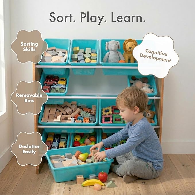 Humble Crew Toy Storage Organizer with 12 Removable Storage Bins for Kids Playroom, 4-Tier Toddler Toy Organization, Natural Wood/Aqua