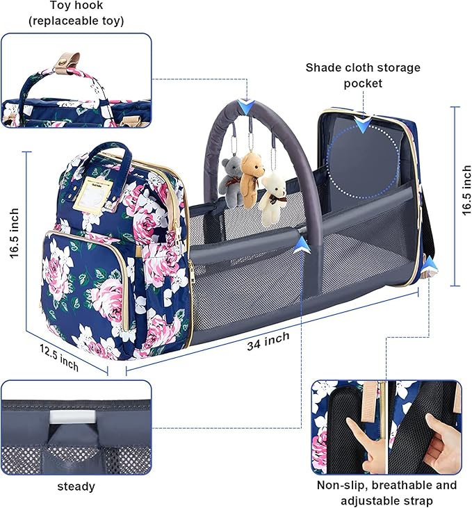 GurZinn Diaper Bag Backpack with Changing Station, Foldable for Bady Toddler, 3 in 1 Large Capacity Newborn Essentials Organizer with Stroller Hook for Girls and Boys（Blue）