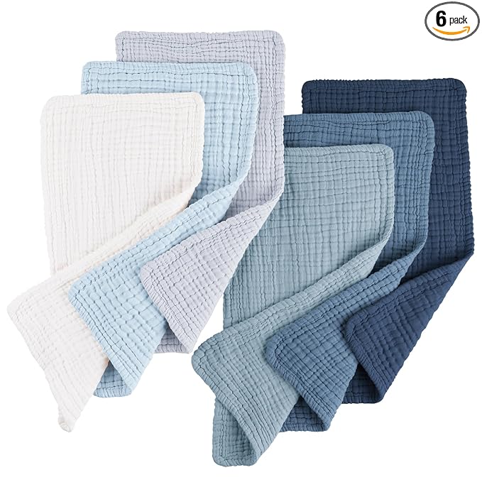 Konssy Muslin Baby Burp Cloths 6 Pack, Soft Absorbent 100% Cotton Burping Clothes for Newborns, Baby Boys and Girls, Unisex