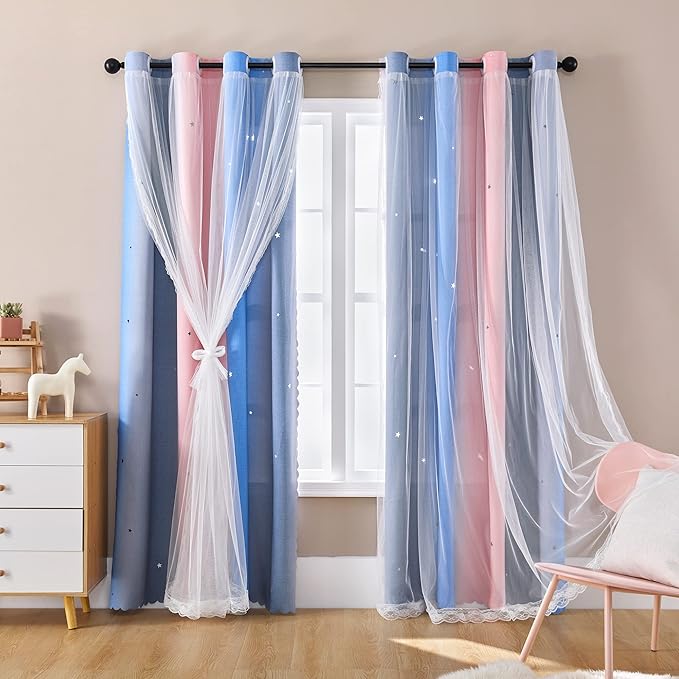 XiDi Curtains for Bedroom Decor, Rainbow PinkGreyBlue-34-54