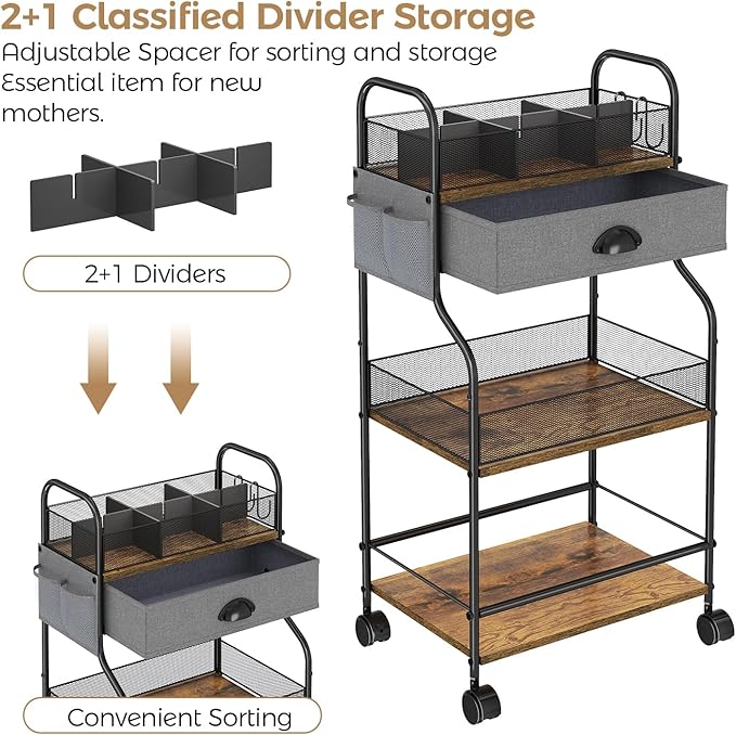 3-Tier Baby Diaper Caddy Cart Organizer with Drawer,Rolling Utility Cart & Bedside Nursery Essential Storage for Newborn Baby Stuff, 2+1 Divider, Baby Storage Organizer for Bedroom,Changing Table,Grib