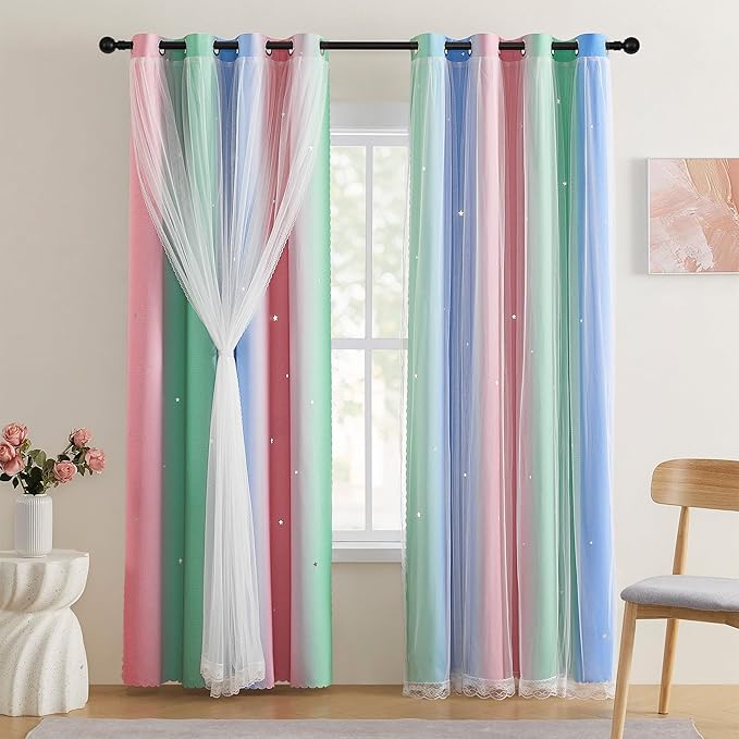 XiDi Girls Curtains for Bedroom 84 Inches Long 2 Panels Pink Green Blue Rainbow Blackout Curtains for Little Girl Kids Room Decor Living Room, Princess Unicorn Wall Decals Drapes 52x84