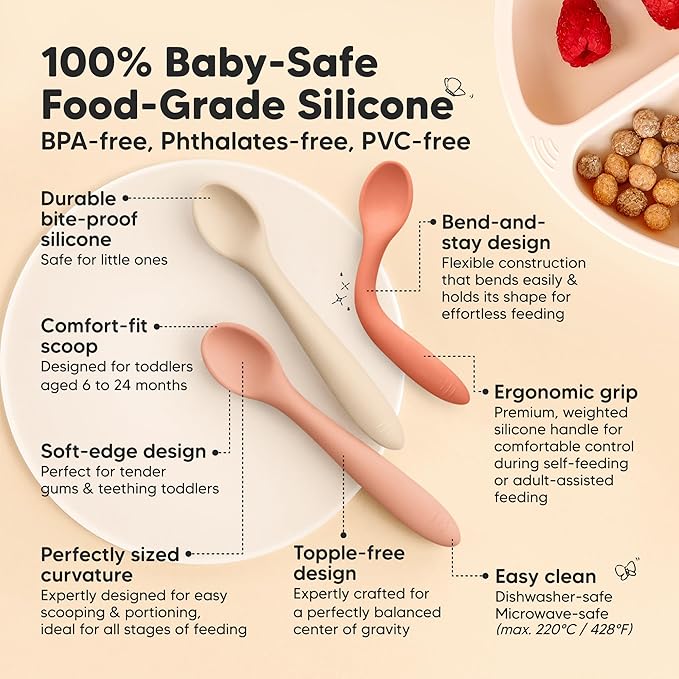 KeaBabies Silicone Baby Spoons, Self Feeding 6-12 months - 6-Pack Baby Weaning Eating Utensils, Toddler First Food Training Spoon, Infant, Kids Feeding Supplies Essential Set,Dishwasher-safe (Roseate)