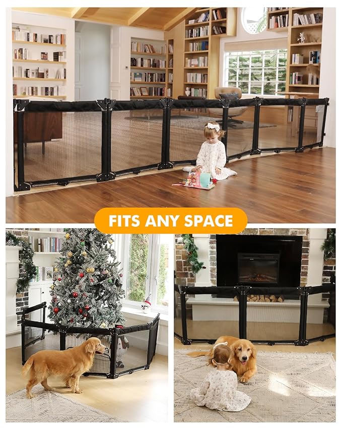 Dearlomum Extra Wide Gate Playpen with Heat-Resistant Mesh, 6 Panel Foldable Fence, Indoor/Outdoor Safety Barrier, Dog Playpen & Fireplace Gate, Black