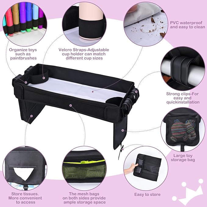 Babenest Stroller Snack Tray for Wonderfold Wagon W4, Foldable Thickened Snack Tray with Cup Holder, Storage Mesh Bag & Pen Slot, Easy to Clean Snack Board for Drawing