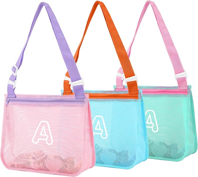 3Pcs Personalized Kids Beach Shell Bag, Initial Seashell Mesh Zipper Beach Pouch, Shell Collecting Bag for Holding Shells with Adjustable Straps, Sand Toys Swim Pouch Gift for Girl Boy Teens(Letter A)