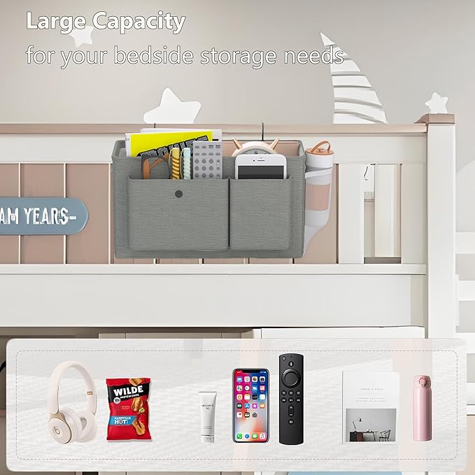 Edudif Bedside Caddy Bedside Organizer with Fixed Straps & Water Bottle Holder, Bunk Bed Caddy ideal for Home, Dorm, Hospital, Crib, Versatile Bedside Storage Solution (Grey)