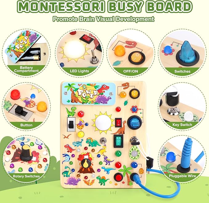Grarain Busy Board for Toddlers - Montessori Educational Toy for 1-3 Year Old Boys & Girls | Travel-Friendly Sensory Learning Activity | Ideal for Kids with Autism(Dinosaur Busy Board)