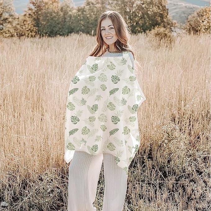 Konssy Muslin Nursing Cover for Baby Breastfeeding, Breathable 100% Cotton Breastfeeding Cover with Rigid Hoop for Mother Nursing Apron, Multi-use Carseat Canopy (Palm Paradise)