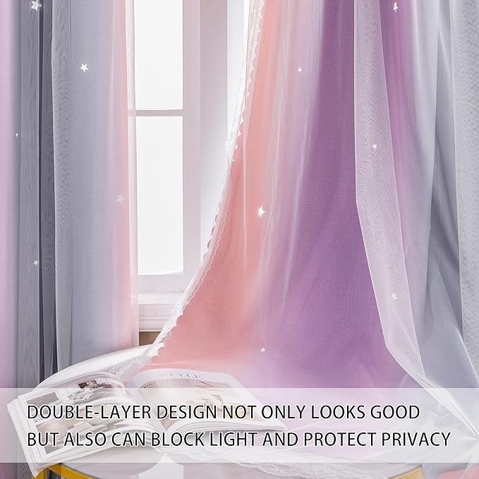 XiDi Dream Star Blackout Curtains for Kids Rooms Girl Princess Curtain for Daughter Bedroom Window (Grey Pink Purple, W52 X L72)
