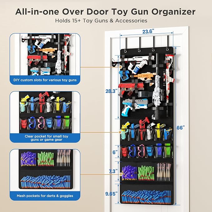 Over the Door Organizer for Toy Guns, Toys Storage Door Hanger with Pockets and Slots for Kids Foam Blasters, Darts, Goggles, Over Door Toy Guns Storage Organizer, for Kids Rooms, Game Rooms, Black