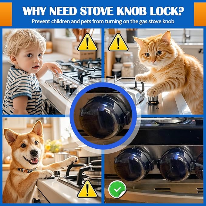 Stove Knob Covers for Child Safety - 5 Pack, Gas Stove Knob Locks, Prevent Kids Pets from Turning on Stoves, Baby proofing, Heat-Resistant Adhesive, (Black)