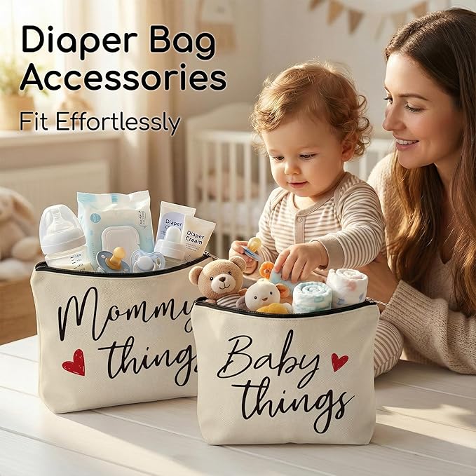 Mommy and Baby Matching Pouch Set, Mommy Things and Baby Things Bags, Gifts for New Moms Expecting Moms, Matching Travel Cases, Beige Set of 2