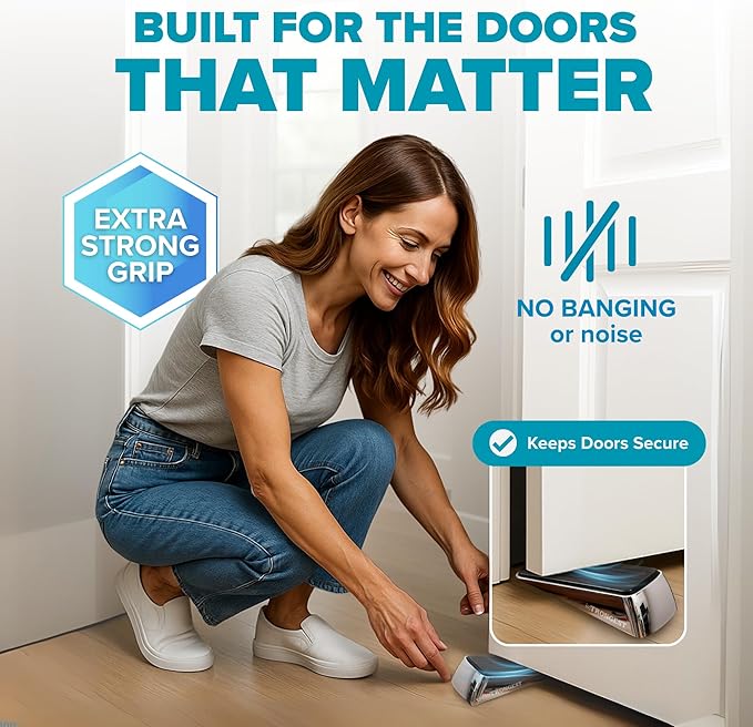 Strongest Home Heavy Duty Door Stopper Wedge 1 Pack Chrome | Non-Slip Rubber and Metal Door Stop for Heavy Doors | Work on Wood, Tile, Carpet + White Wall Protectors