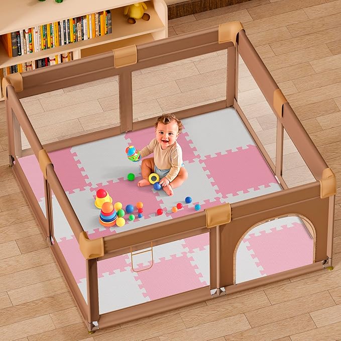 16 Tiles Baby Play Mat for Floor, EVA Foam Baby Floor Play Mat with 0.6 Inch Thick Interlocking Foam Tiles, Foam Floor Tiles for Baby, Toddlers and Kids (Pink-White, 16PCS)