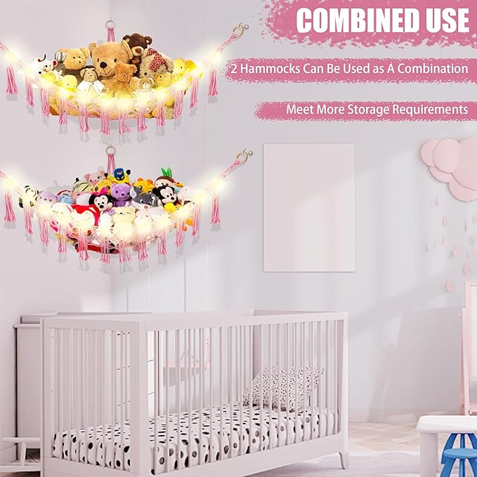 CERETIA Stuffed Animal Hammock with LED Light, Large Stuffed Animals Storage Corner Plushie Net for Kids Room Decor, Pink
