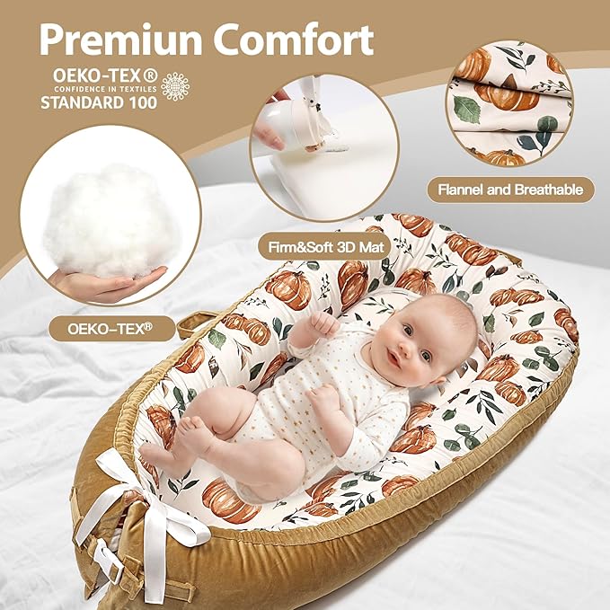 Baby Lounger-Breathable and Soft Organic 100% Cotton, Portable Infant Lounger with Removable Lounger Cover, Baby nest Lounger for Newborn - Punpkin